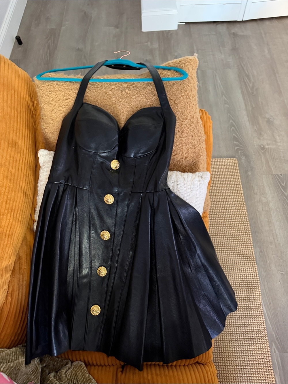 Black Leather Halter Bustier Dress with Gold Buttons